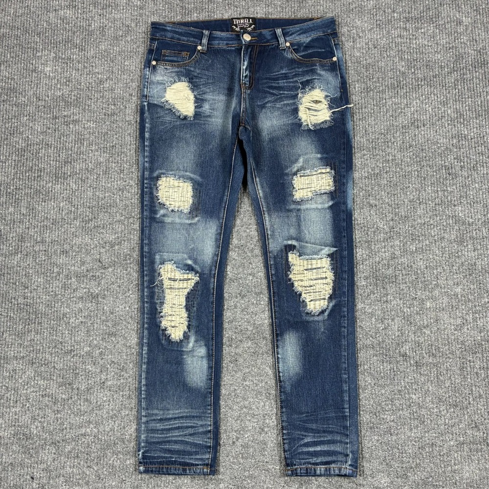 Thrill Distressed Skinny Jeans Womens 15 Blue Stretch Ripped Denim Streetwear